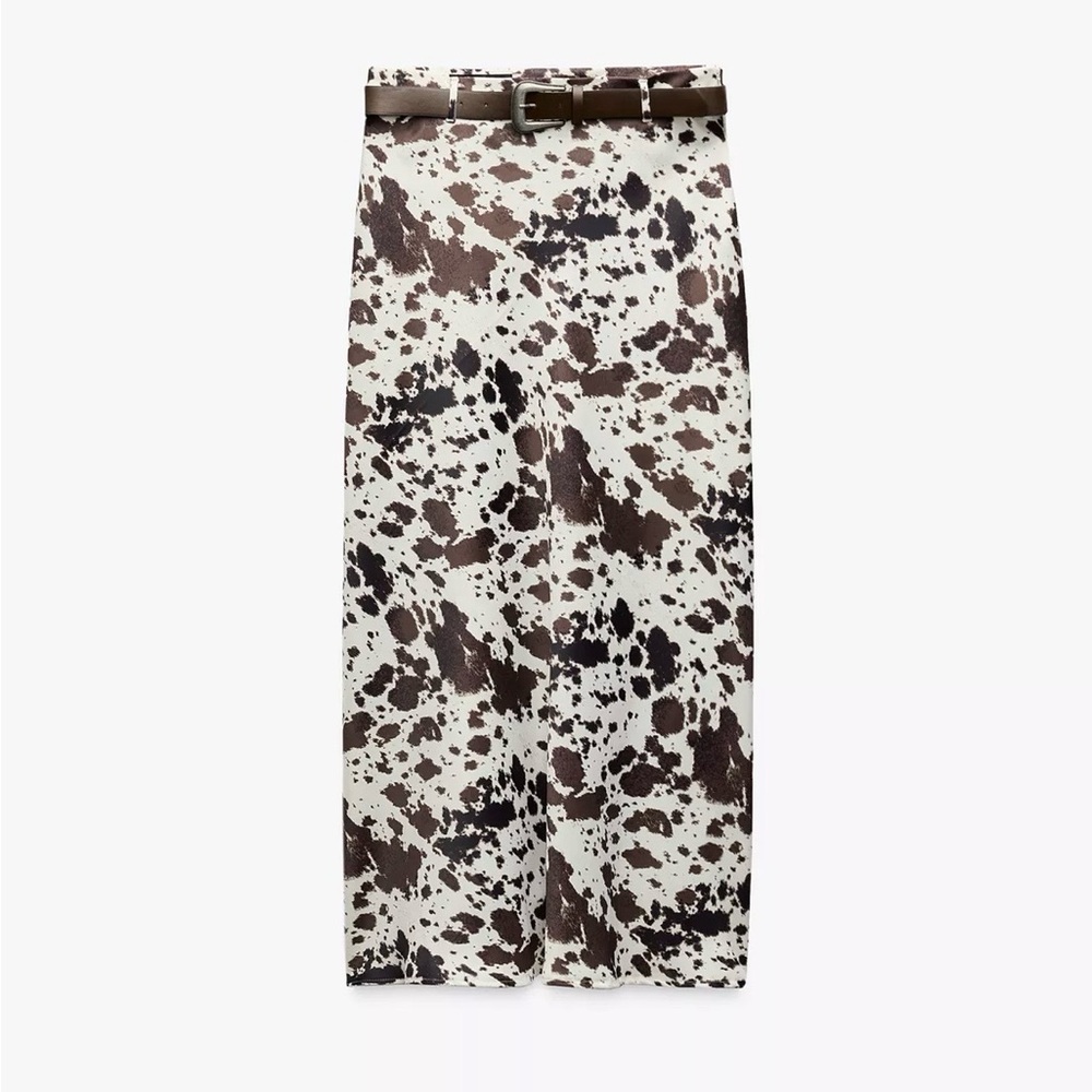 Zara Brown and White Cow-Print Pencil Skirt